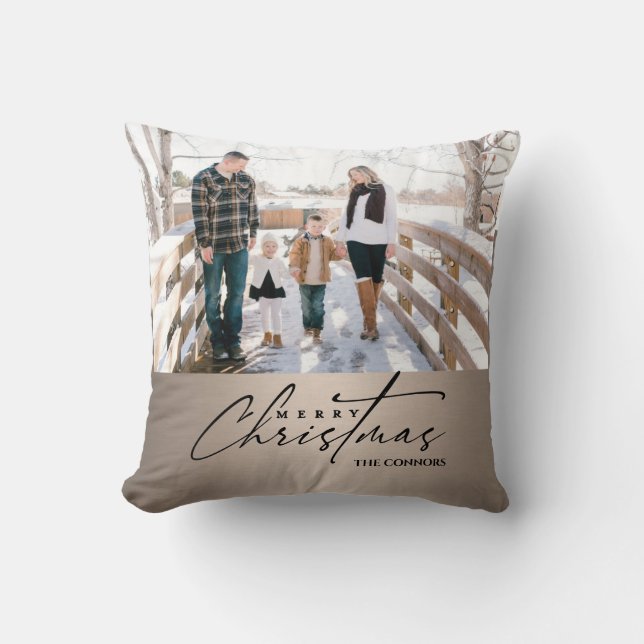 Coussin Photo personnalisée Joyeux script de Noël Famille (Recto)