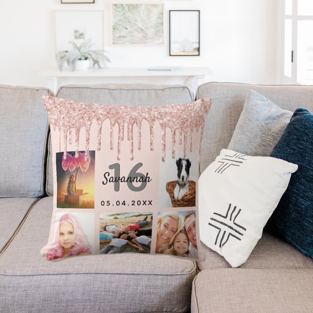 Coussin photo rose or parties scintillant 16e anniversaire (Créateur téléchargé)