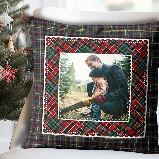 Coussin Photos de famille rustique moderne mixte (Mixed Plaid Modern Rustic Family Photo Throw Pillow)