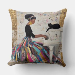 Coussin Pianiste noire en feuille d'or et chat