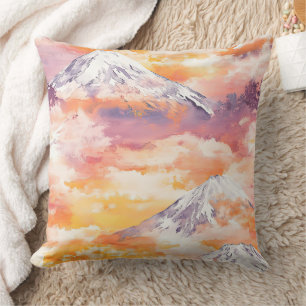 Coussin Pics d'orange enneigés Coucher de soleil Aquarelle