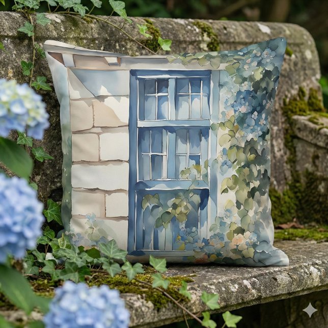 Coussin Pierre Bleu Fenêtre Mur Cottage Vignes (Blue Window Stone Wall Cottage Vines Throw Pillow Mockup C)