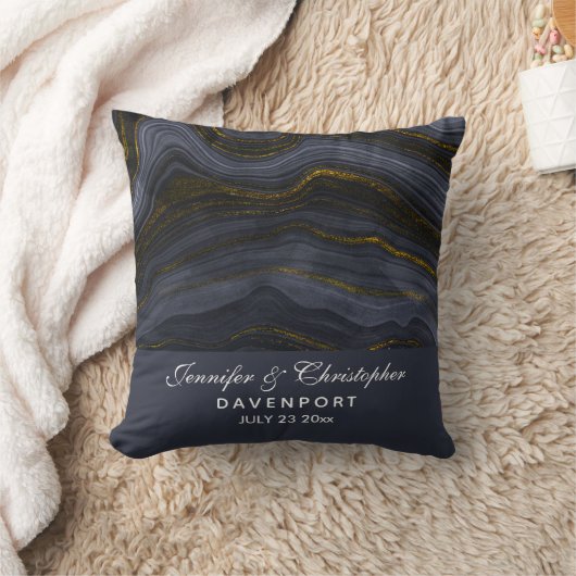 Coussin Pierre d'Agate Noir & Or moderne Mariage Abstrait (Couverture)