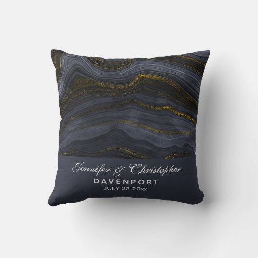 Coussin Pierre d'Agate Noir & Or moderne Mariage Abstrait (Verso)