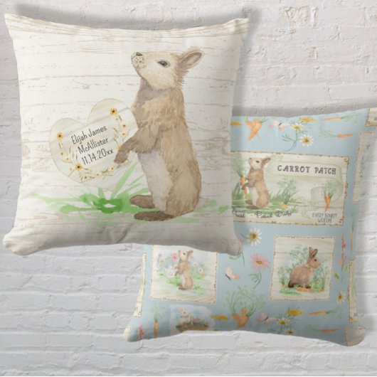 Coussin Pierre Lapin Aquarelle Bois Rustique Bleu Poussiér