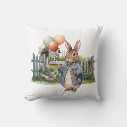 Coussin Pierre le lapin bleu veste avec ballons (Recto)