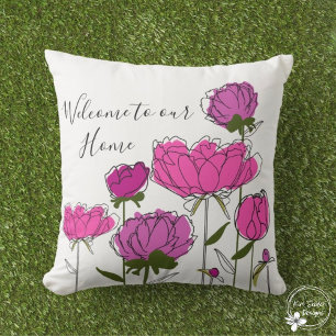 Coussin Pies roses "Bienvenue à notre maison"