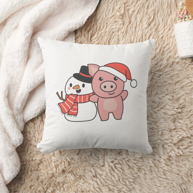 Coussin Pig With Snowman In Winter For Christmas (Couverture)