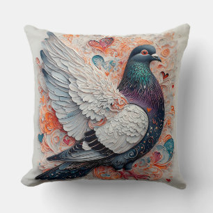 Coussin Pigeon Élégant Aux Plumes Colorées et Cœur