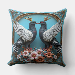 Coussin Pigeons Majestueux avec Couronnes Oiseaux Royaux É