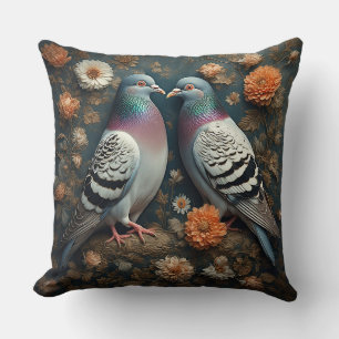 Coussin Pigeons Vibrants Entourés de Fleurs Épanouies