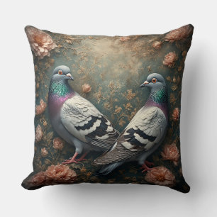 Coussin Pigeons Vibrants Entourés de Fleurs Épanouies