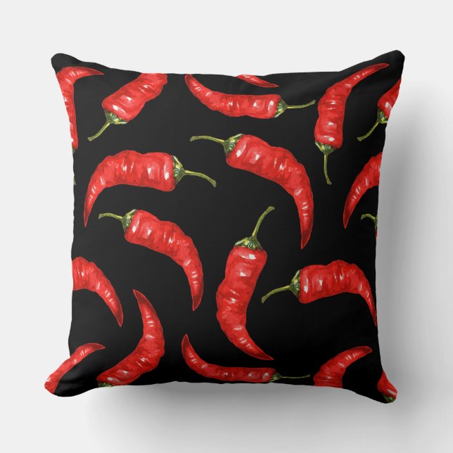 Coussin Piments chili sur noir (Recto)