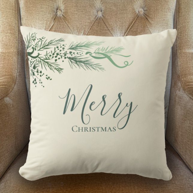 Coussin Pin Unique Personnalisé Moderne Joyeux Noël (Add your name to the back of this pillow. My hand drawn pine Merry Christmas sage and cream decor.)