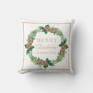 Coussin Pine Holly Wreath Rose Gold Script Joyeux Noël