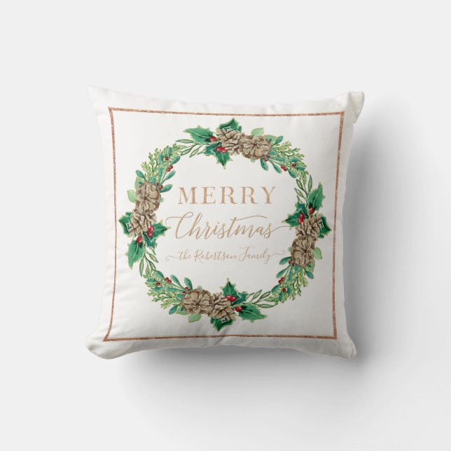 Coussin Pine Holly Wreath Rose Gold Script Joyeux Noël (Recto)