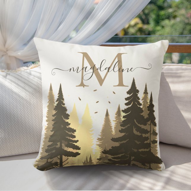 Coussin Pine Tree Forest Nom du script Monogramme (Créateur téléchargé)