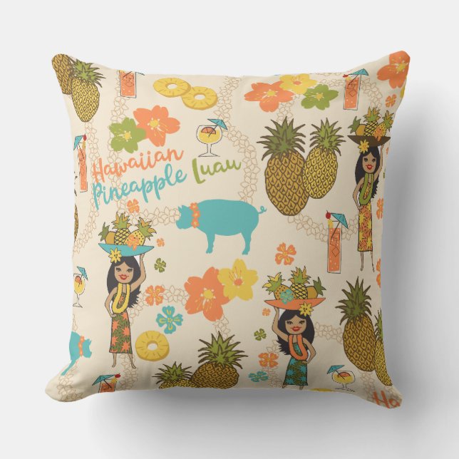 Coussin Pineapple Luau Hawaiian Hula Girl and Surfboards (Recto)