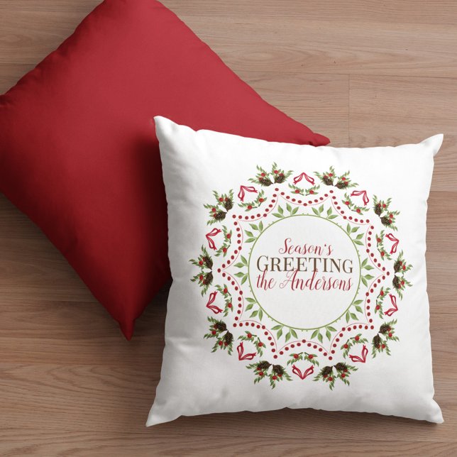 Coussin Pinecone Rouge Noël Holly élégant Mandala (Season's Greeting holiday decorative throw pillow)