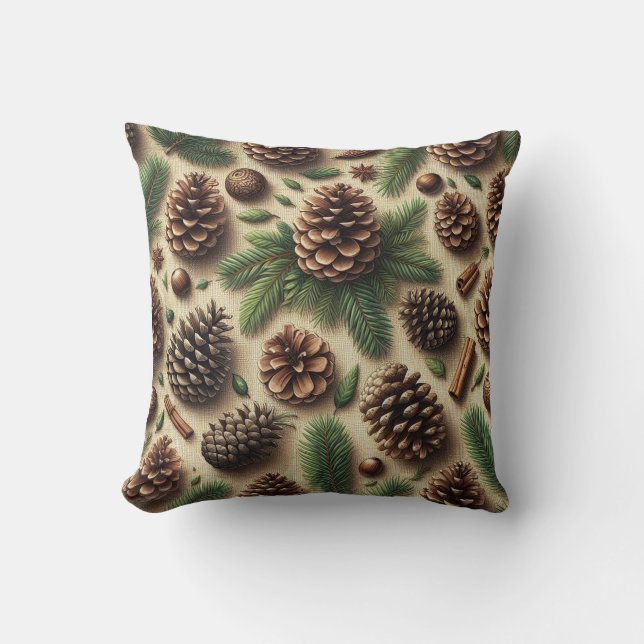 Coussin Pinecone rustique et Burlap vert Noël (Recto)