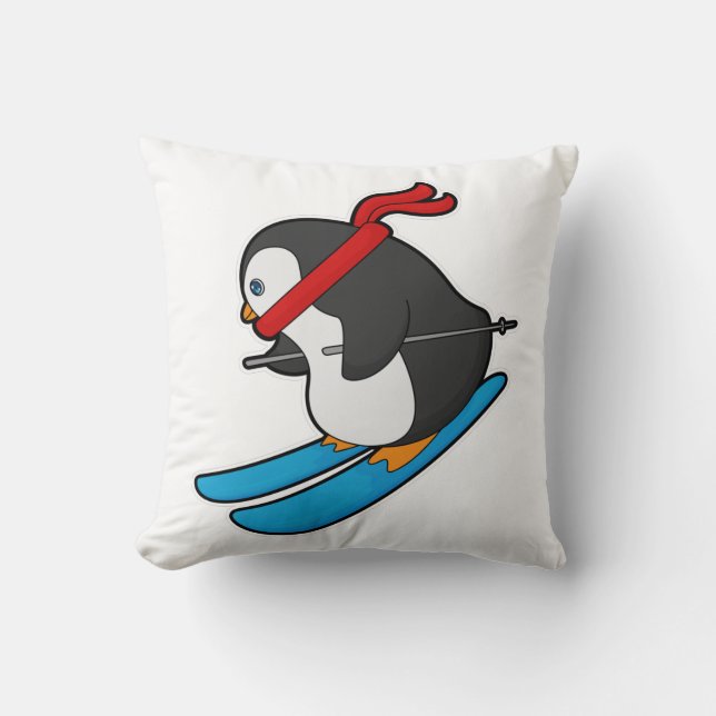 Coussin Pingouin comme skieur avec ski (Recto)