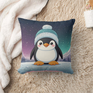Coussin Pingouin Cute Kawaii Casquette bleu Imprimer