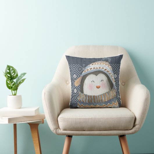 Coussin Pingouin mignon sur Motif Knit d'hiver confortable (Chaise)