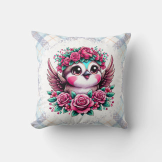 Coussin Pingouin volant avec roses roses