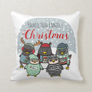 Coussin Pingouins amusants   Noël de la famille d'hiver pe