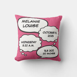 Coussin Pink Baby Girl Birth Stats Fun Comic Book Keepsaké