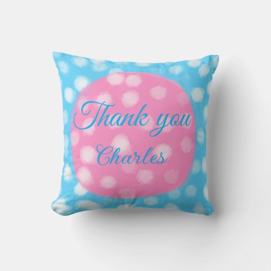 Coussin Pink bleu ciel blanc pois merci ajouter nom (Recto)