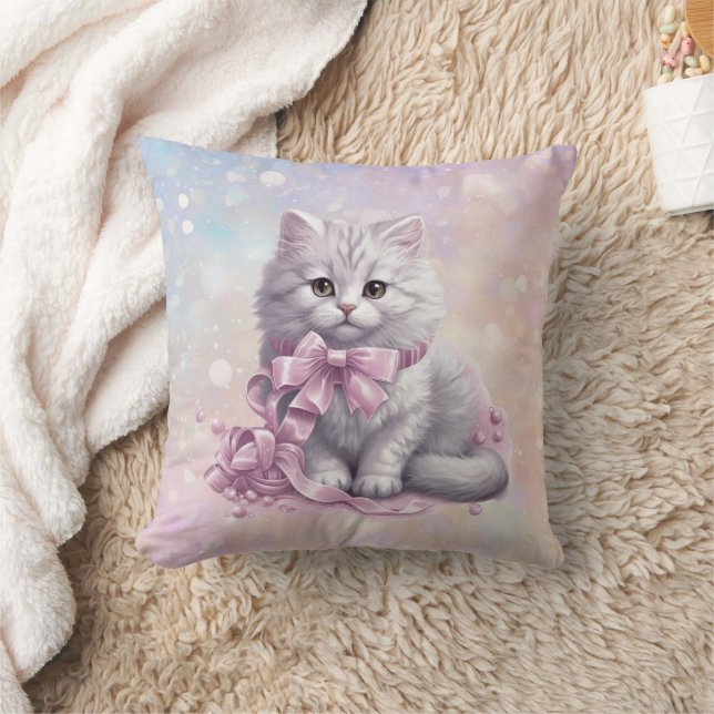 Coussin Pink Christmas Bow White Kitten Kids (Couverture)