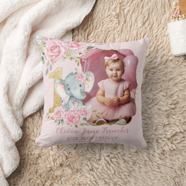 Coussin Pink Floral Elephant 1st Birthday Photo Keepsake (Couverture)