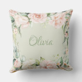 Coussin Pink Floral Sage Vert Aquarelle Nom Bébé Fille (Verso)