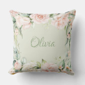 Coussin Pink Floral Sage Vert Aquarelle Nom Bébé Fille (Recto)