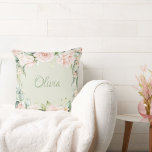 Coussin Pink Floral Sage Vert Aquarelle Nom Bébé Fille<br><div class="desc">Jolie couverture d'aquarelle vert rose sauge pour la jolie petite fille de votre vie.  Un cadeau de baby shower parfait pour la nouvelle petite fille.  C'est un motif si élégant pour une crèche pour filles.</div>