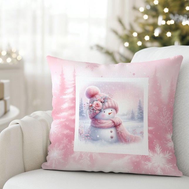 Coussin Pink Forest Snowman Bright Winter Scene Cushion (Pink Forest Snowman Bright Winter Scene Cushion)