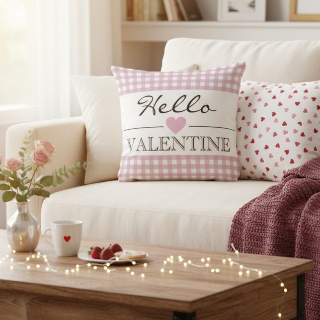 Coussin Pink Hello Valentine Plaid Gingham (Créateur téléchargé)