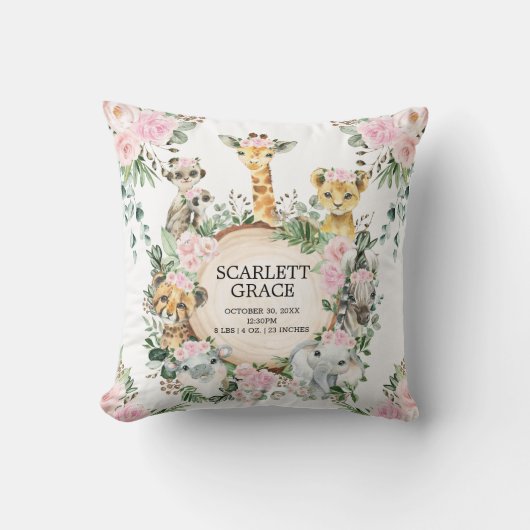 Coussin Pink Jungle Safari Animal Birth Statistiques Girl (Recto)