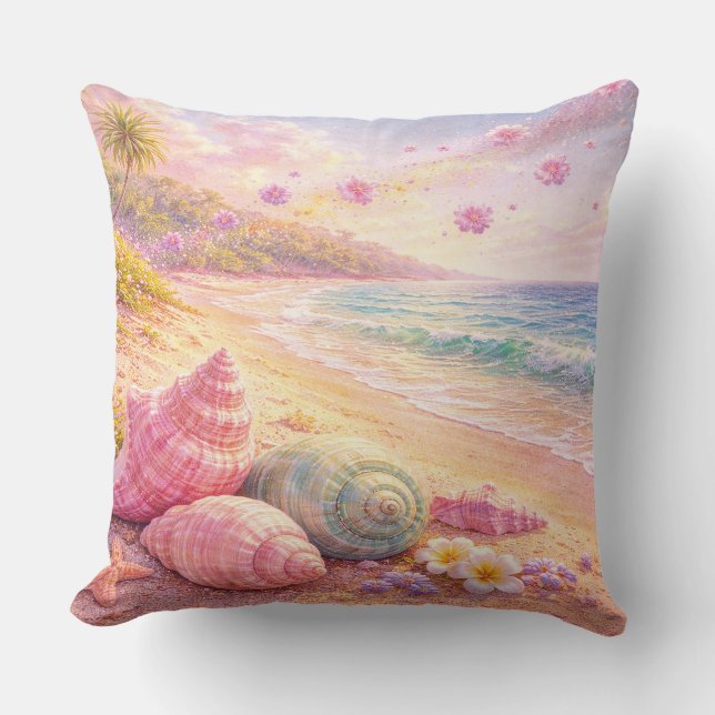 Coussin Pink Ocean Beach Shells Flowers Fantasy Landscape (Recto)