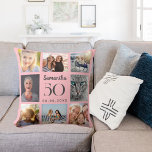 Coussin Pink personnalisé photo collage anniversaire<br><div class="desc">Un cadeau unique pour un 21ème anniversaire,  célébrant sa vie avec un collage de 8 de vos propres photos,  photos. Personnalisez et ajoutez son nom,  son âge et sa date. Couleur d'arrière-plan rose douce,  texte gris. Le nom est écrit avec un script de style moderne écrit à la main.</div>