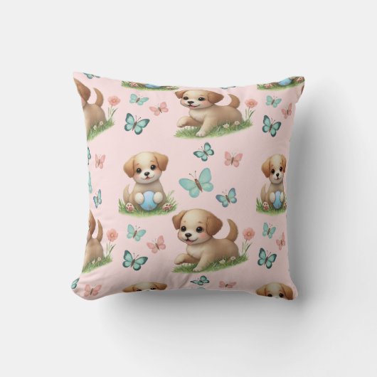Coussin Pink Puppies and Butterflies Watercolor (Recto)