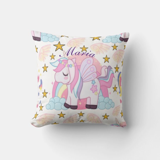 Coussin Pink Purple Gold Star Unicorne Nom Monogramme (Recto)