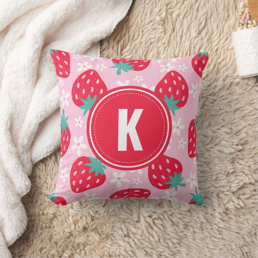 Coussin Pink Red Strawberries Floral  Pattern Monogram (Couverture)