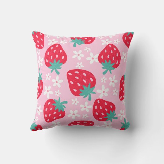 Coussin Pink Red Strawberries Floral Pattern Monogram (Verso)