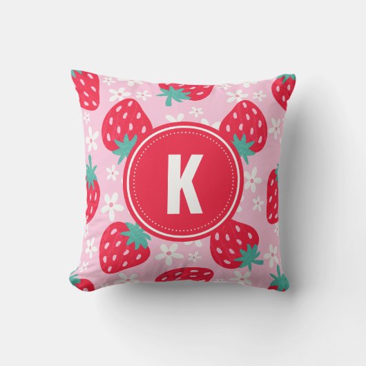 Coussin Pink Red Strawberries Floral Pattern Monogram (Recto)