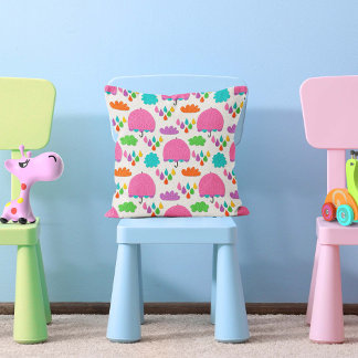 Coussin Pink Umbrellas with Clouds and Raindrops