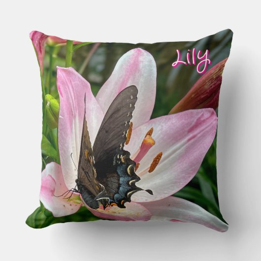 Coussin Pink White Tiger Lilly Flower Blue Butfly Nom (Recto)