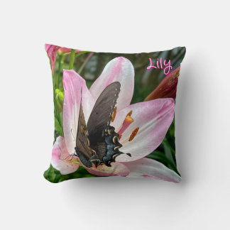 Coussin Pink White Tiger Lilly Flower Blue Butfly Nom