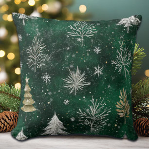 Coussin Pins d'or Silver Snowflakes Hunter Green
